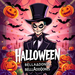 A vibrant and radiant advertisement flyer promoting the Halloween event "BellaAdonis", featuring an illustrated man dressed as a villain in a striking black suit