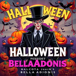 A vibrant and radiant advertisement flyer promoting the Halloween event "BellaAdonis", featuring an illustrated man dressed as a villain in a striking black suit