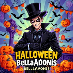 A vibrant and radiant advertisement flyer promoting the Halloween event "BellaAdonis", featuring an illustrated man dressed as a villain in a striking black suit