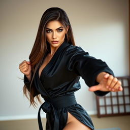 A stunning dominatrix character practicing karate, featuring beautiful long brunette hair styled elegantly