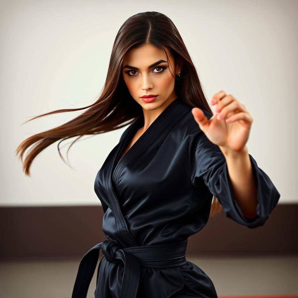 A stunning dominatrix character practicing karate, featuring beautiful long brunette hair styled elegantly