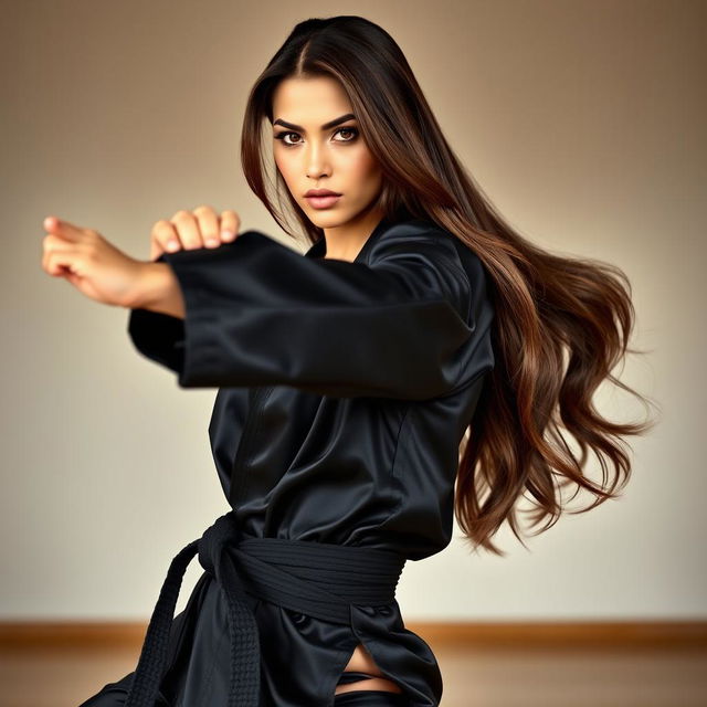 A stunning dominatrix character practicing karate, featuring beautiful long brunette hair styled elegantly