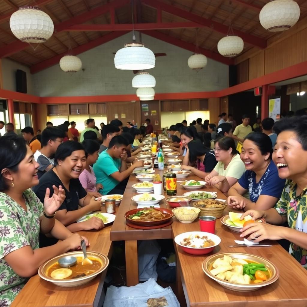 A lively canteen scene filled with Filipino people enjoying their meals