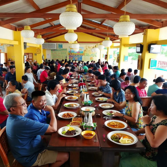 A lively canteen scene filled with Filipino people enjoying their meals