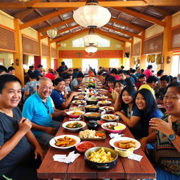 A lively canteen scene filled with Filipino people enjoying their meals