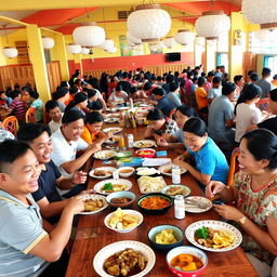 A lively canteen scene filled with Filipino people enjoying their meals