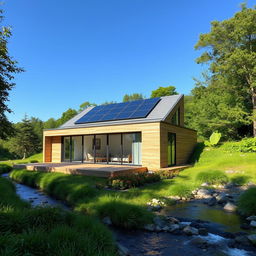 A modern prefab house in a serene natural setting, featuring large glass windows, a sleek wooden deck, and a stylish minimalist design