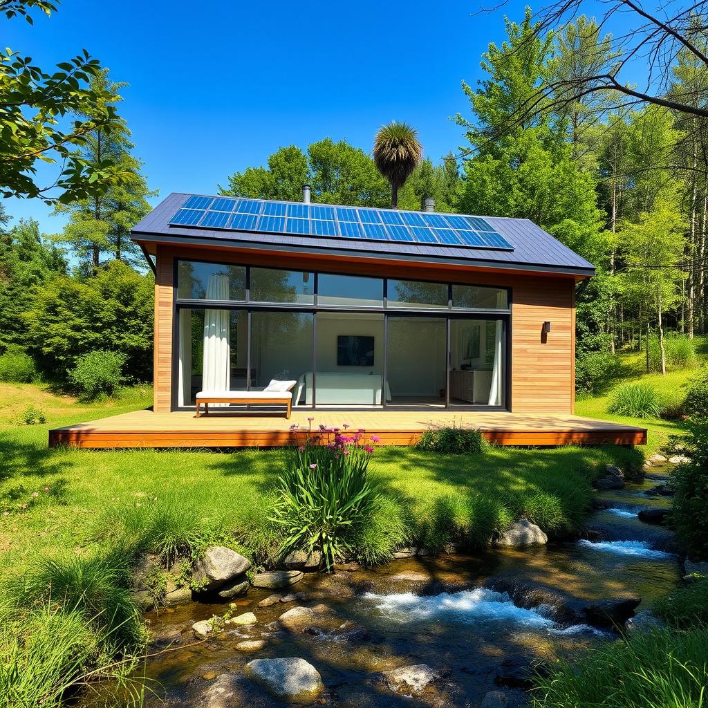 A modern prefab house in a serene natural setting, featuring large glass windows, a sleek wooden deck, and a stylish minimalist design