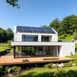 A modern prefab house in a serene natural setting, featuring large glass windows, a sleek wooden deck, and a stylish minimalist design