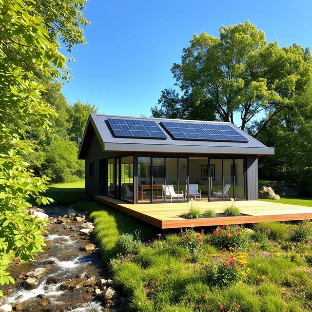 A modern prefab house in a serene natural setting, featuring large glass windows, a sleek wooden deck, and a stylish minimalist design