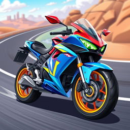 A vibrant and colorful 2D illustration of a sleek motorbike designed for an Android game