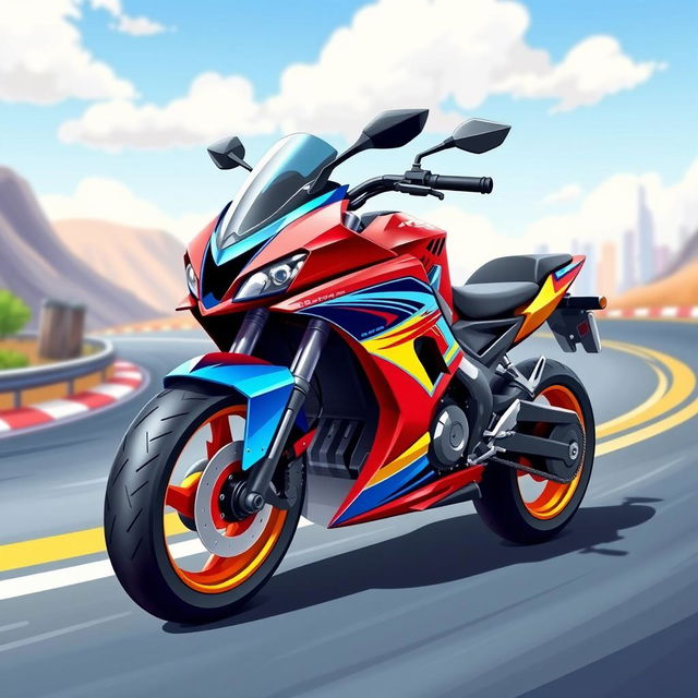 A vibrant and colorful 2D illustration of a sleek motorbike designed for an Android game