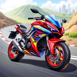 A vibrant and colorful 2D illustration of a sleek motorbike designed for an Android game