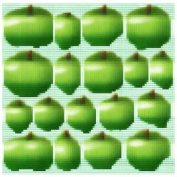 A tiled pixel art image, ideal for knitting, featuring multiple vibrant, green apples