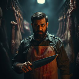A dark, dramatic portrait of a cruel butcher, depicting Asim Munir as a dictator