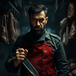 A dark, dramatic portrait of a cruel butcher, depicting Asim Munir as a dictator