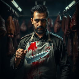A dark, dramatic portrait of a cruel butcher, depicting Asim Munir as a dictator