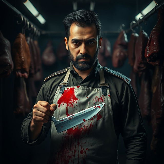 A dark, dramatic portrait of a cruel butcher, depicting Asim Munir as a dictator