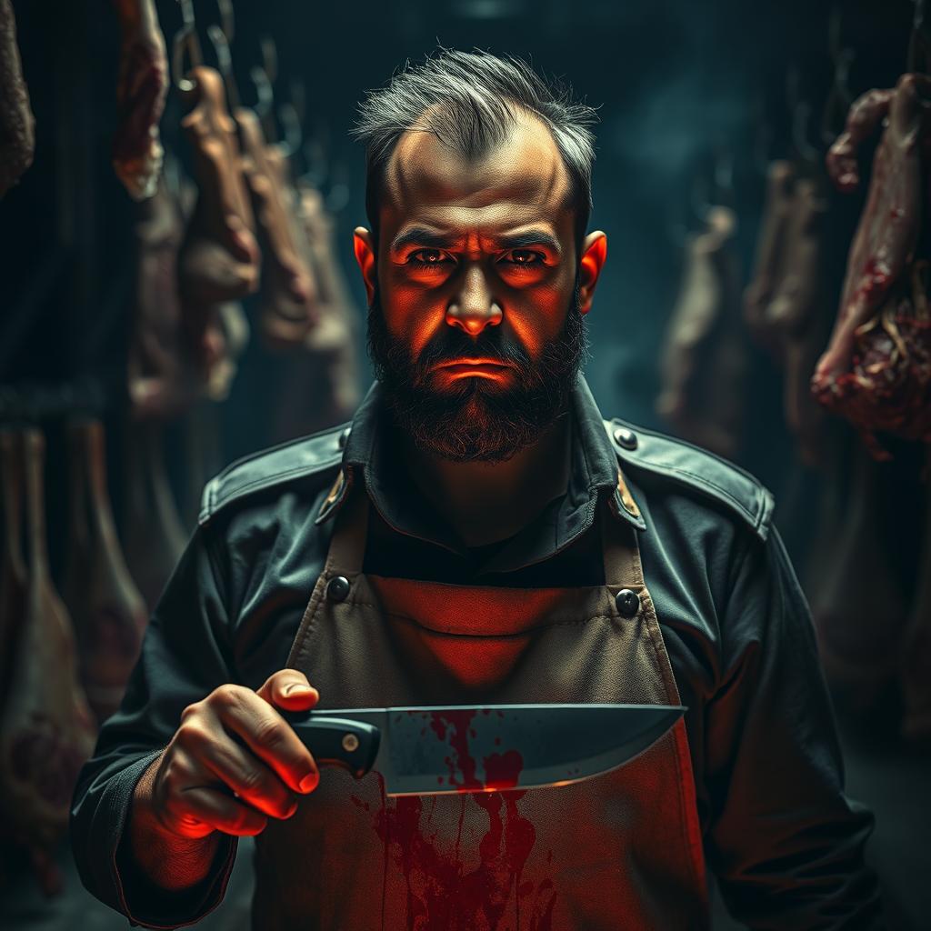 A dark, dramatic portrait of a cruel butcher, depicting Asim Munir as a dictator