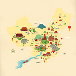 A beautifully illustrated map of China, highlighting various tourist destinations such as the Great Wall, the Forbidden City, Terracotta Army, Zhangjiajie National Forest Park, and the Li River