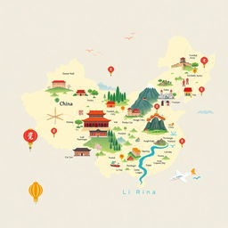 A beautifully illustrated map of China, highlighting various tourist destinations such as the Great Wall, the Forbidden City, Terracotta Army, Zhangjiajie National Forest Park, and the Li River