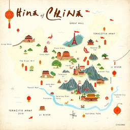 A beautifully illustrated map of China, highlighting various tourist destinations such as the Great Wall, the Forbidden City, Terracotta Army, Zhangjiajie National Forest Park, and the Li River