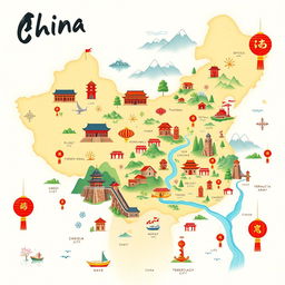 A beautifully illustrated map of China, highlighting various tourist destinations such as the Great Wall, the Forbidden City, Terracotta Army, Zhangjiajie National Forest Park, and the Li River