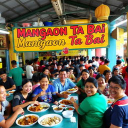 A lively canteen scene filled with Filipino people, prominently featuring a colorful sign that says 'Mangaon Ta Bai', which means 'Let's eat, friend' in Cebuano