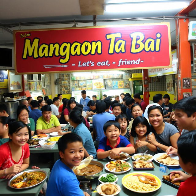 A lively canteen scene filled with Filipino people, prominently featuring a colorful sign that says 'Mangaon Ta Bai', which means 'Let's eat, friend' in Cebuano