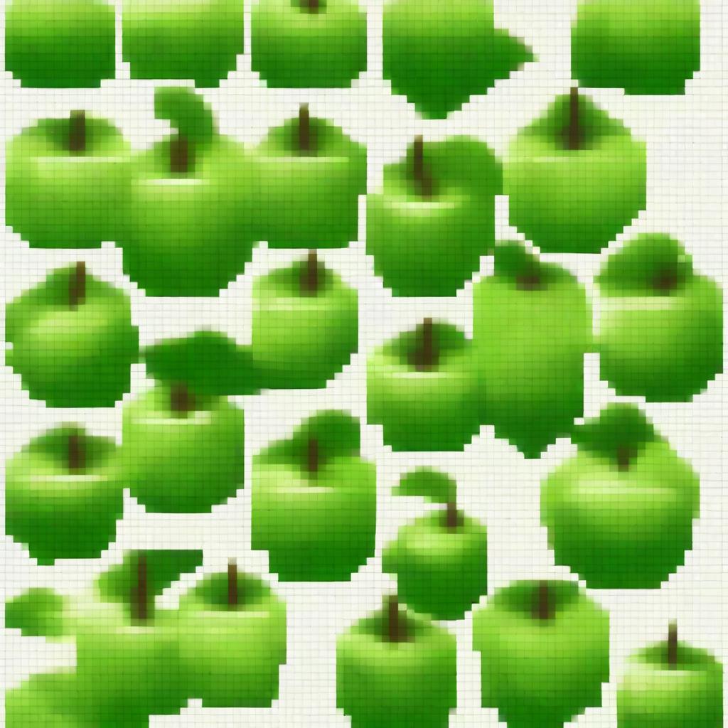 A tiled pixel art image, ideal for knitting, featuring multiple vibrant, green apples