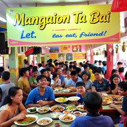 A lively canteen scene filled with Filipino people, prominently featuring a colorful sign that says 'Mangaon Ta Bai', which means 'Let's eat, friend' in Cebuano