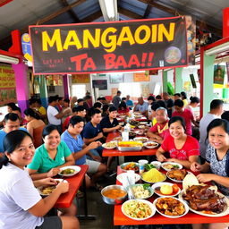 A lively canteen scene filled with Filipino people, prominently featuring a colorful sign that says 'Mangaon Ta Bai', which means 'Let's eat, friend' in Cebuano