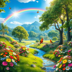 A lush, vibrant Eden garden filled with an abundance of colorful flowers, towering trees, and a serene atmosphere