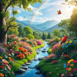 A lush, vibrant Eden garden filled with an abundance of colorful flowers, towering trees, and a serene atmosphere