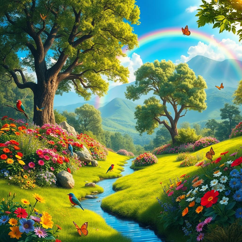 A lush, vibrant Eden garden filled with an abundance of colorful flowers, towering trees, and a serene atmosphere