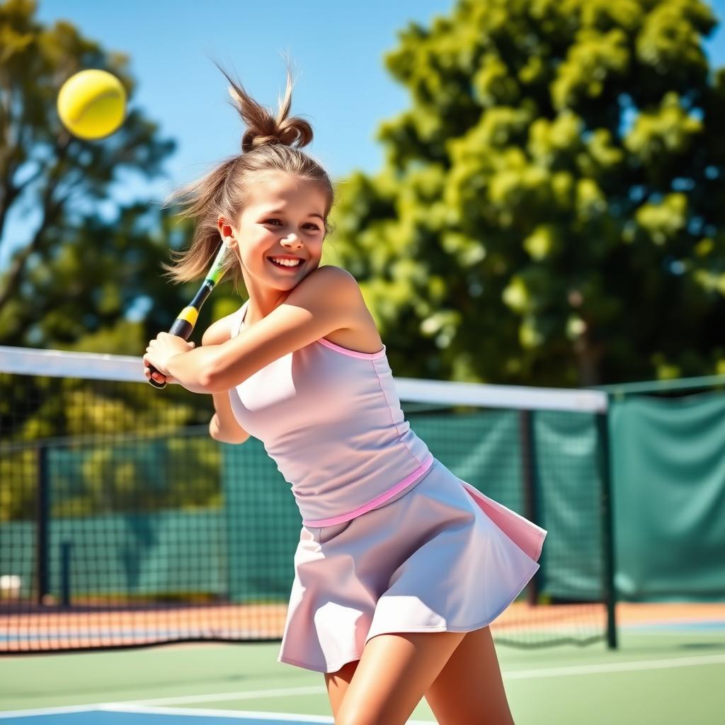 A dynamic scene of a girl playing tennis on a bright sunny day at a well-maintained outdoor tennis court