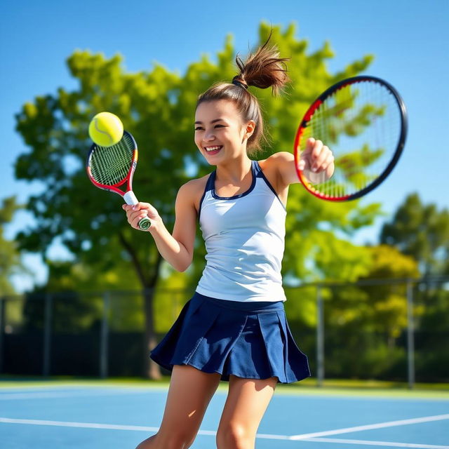 A dynamic scene of a girl playing tennis on a bright sunny day at a well-maintained outdoor tennis court