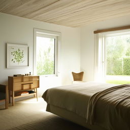 A well-decorated, inviting bedroom with natural lighting, comfortable bedding, and stylish furniture.