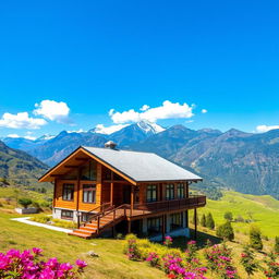 A beautiful prefab house in the scenic landscape of Nepal, surrounded by majestic mountains and lush greenery