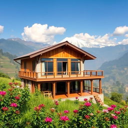 A beautiful prefab house in the scenic landscape of Nepal, surrounded by majestic mountains and lush greenery