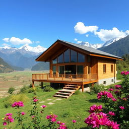 A beautiful prefab house in the scenic landscape of Nepal, surrounded by majestic mountains and lush greenery