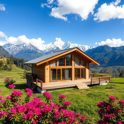 A beautiful prefab house in the scenic landscape of Nepal, surrounded by majestic mountains and lush greenery