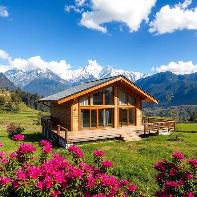 A beautiful prefab house in the scenic landscape of Nepal, surrounded by majestic mountains and lush greenery