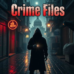 A hyper-realistic, cinematic poster for a YouTube crime channel named 'Crime Files,' depicting a dimly lit Indian alleyway at night