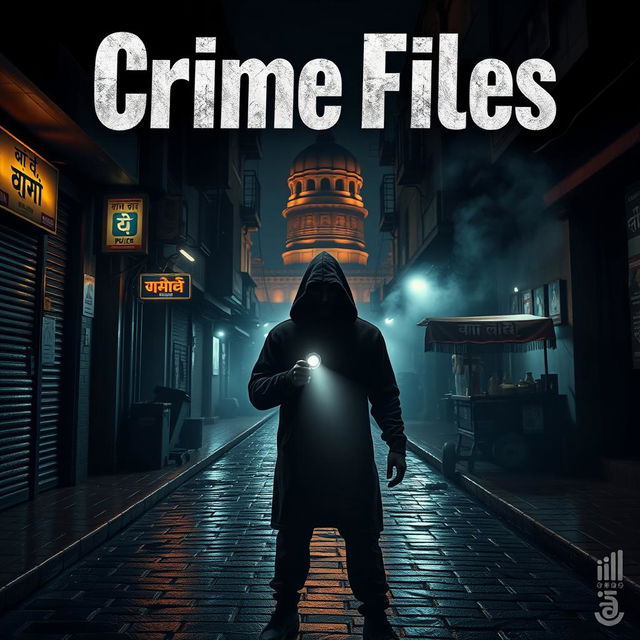 A hyper-realistic, cinematic poster for a YouTube crime channel named 'Crime Files,' depicting a dimly lit Indian alleyway at night