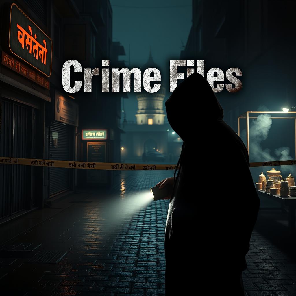 A hyper-realistic, cinematic poster for a YouTube crime channel named 'Crime Files,' depicting a dimly lit Indian alleyway at night