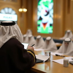 مظاهر احتفالات طلاب سعوديين تشمل مجموعة من الطلاب في ملابس تقليدية ملونة، يحتفلون في ساحة مدرسة بجو من الفرح والبهجة