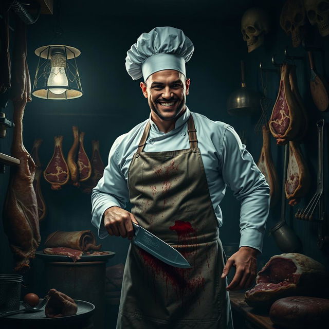 A cruel butcher dressed in a traditional chef's outfit, with a menacing smile and sharp knife in hand