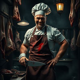 A cruel butcher dressed in a traditional chef's outfit, with a menacing smile and sharp knife in hand