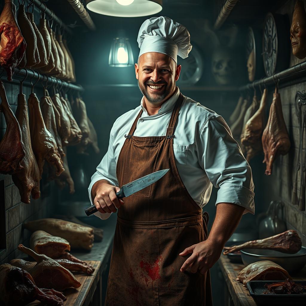 A cruel butcher dressed in a traditional chef's outfit, with a menacing smile and sharp knife in hand